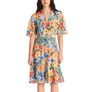 NWT Maggy London Cari Button Up Flutter Sleeve Watercolor Floral Dress